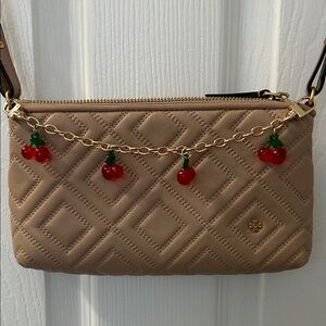 Tory Burch Leather Beige Quilted Crossbody with Cherry Chain Charm EUC